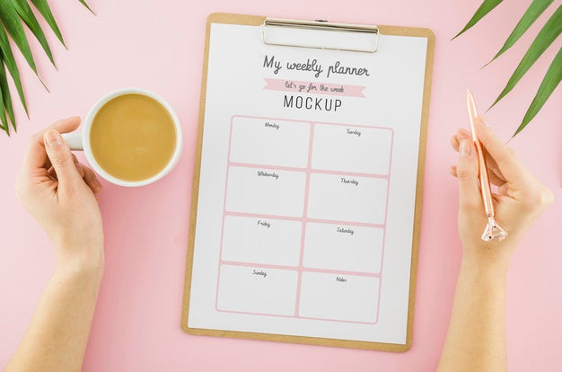 Free Top View Weekly Planner With Coffee Psd