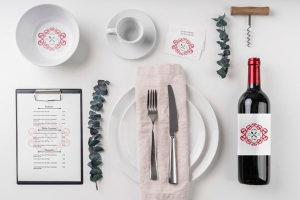 Free Top View Wine Bottle With Plates And Cutlery Psd