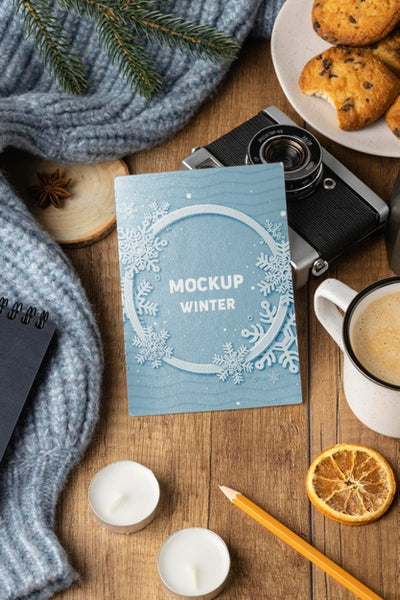 Free Top View Winter Hygge Arrangement With Card Mock-Up Psd