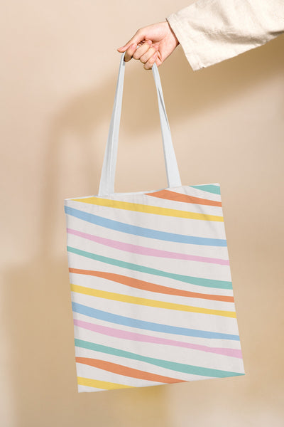 Free Tote Bag Mockup Psd With Pastel Stripes Pattern