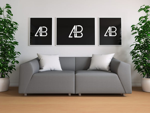 Free Triple Poster In Living Room Mockup