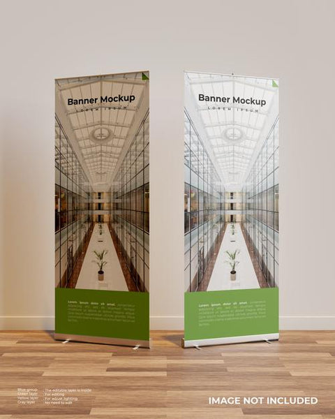 Free Two Roll Up Banner Mockup In Interior Scene Psd