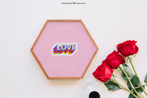 Free Valentine Mockup With Roses And Frame Psd