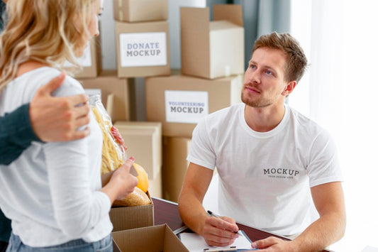 Free Volunteers Preparing Food Boxes For Donation Psd