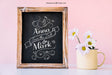 Free Wedding Decoration With Slate Next To Mug Psd
