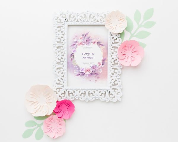 Free Wedding Frame Mock-Up With Paper Flowers On White Background Psd