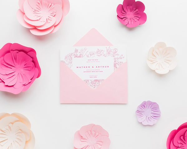 Free Wedding Invitation Mock-Up With Paper Flowers On White Wallpaper Psd