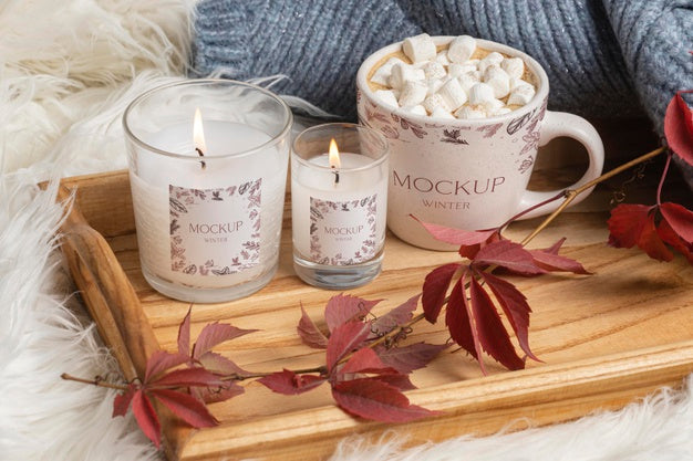 Free Winter Hygge Arrangement With Mug And Candle Mock-Up Psd