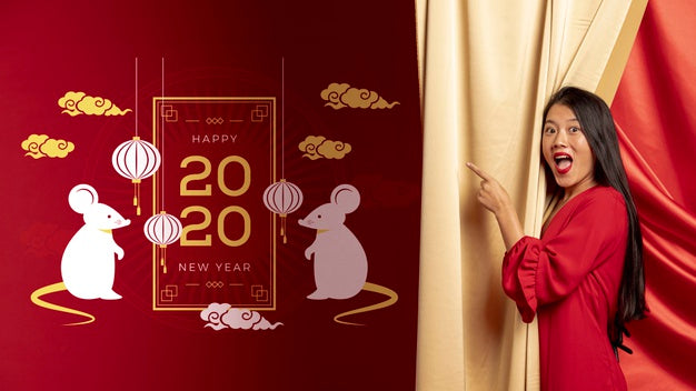Free Woman Pointing At New Year Dated Decoration Psd
