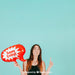 Free Woman Pointing Up With Speech Balloon Mockup Psd