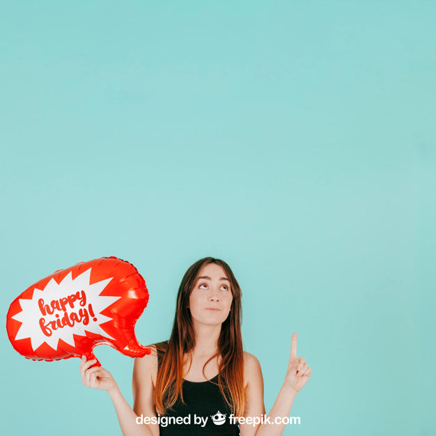 Free Woman Pointing Up With Speech Balloon Mockup Psd