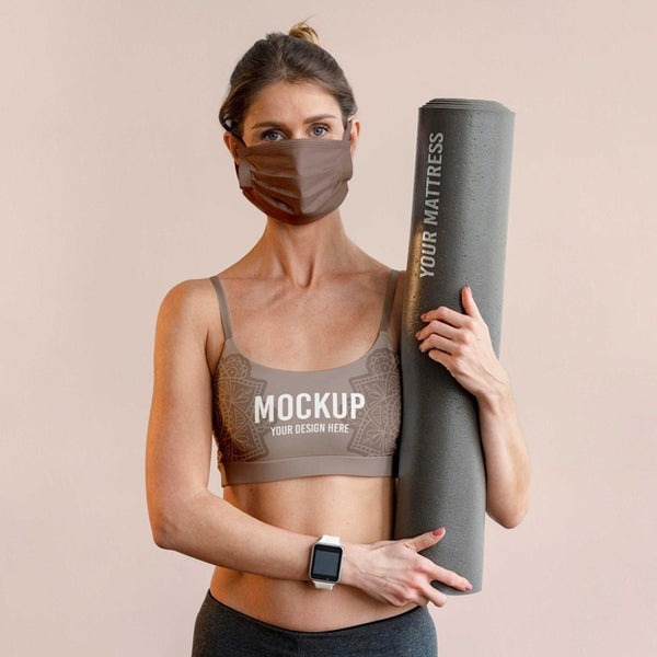 Free Woman With Face Mask Holding Yoga Mat Psd