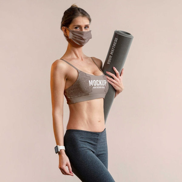 Free Woman With Face Mask Holding Yoga Mat Psd