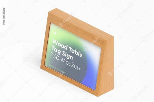 Free Wood Table Advertising Tag Sign Mockup, Isometric Left View Psd