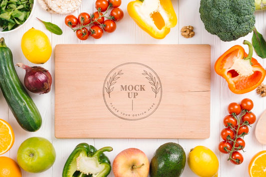 Free Wooden Board And Veggies Vegan Food Mock-Up Psd