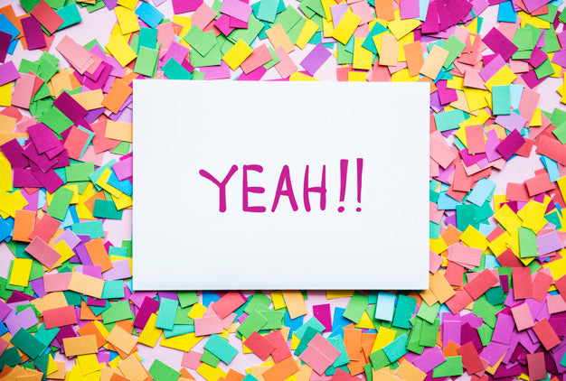 Free Yeah! Text On Paper And Colorful Party Confetti Background Party Concept Psd
