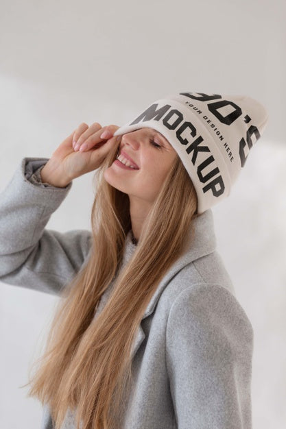 Free Young Woman Wearing Beanie Mockup Psd